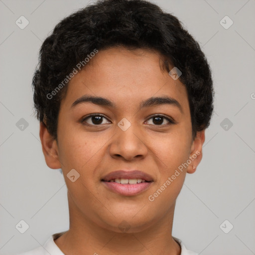 Joyful latino young-adult female with short  brown hair and brown eyes