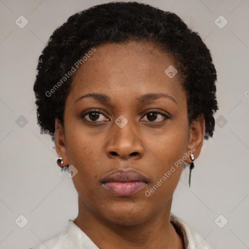 Neutral black young-adult female with short  black hair and brown eyes