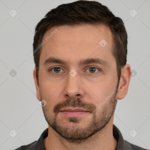 Neutral white young-adult male with short  brown hair and brown eyes