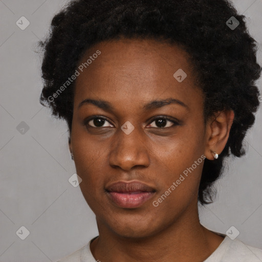 Neutral black young-adult female with short  black hair and brown eyes