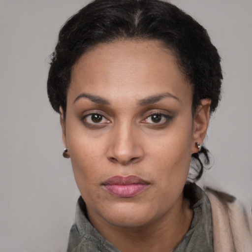 Neutral latino adult female with long  black hair and brown eyes