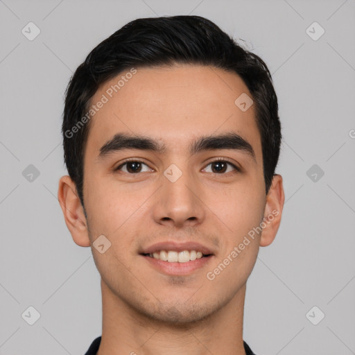 Joyful white young-adult male with short  black hair and brown eyes