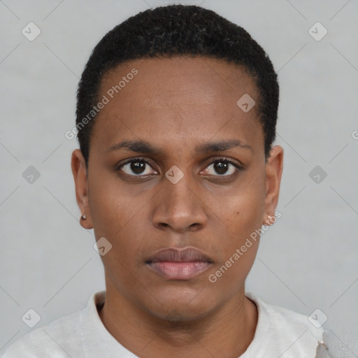 Neutral black young-adult female with short  brown hair and brown eyes