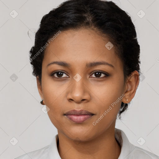 Neutral black young-adult female with short  black hair and brown eyes