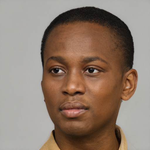 Neutral black young-adult female with short  black hair and brown eyes