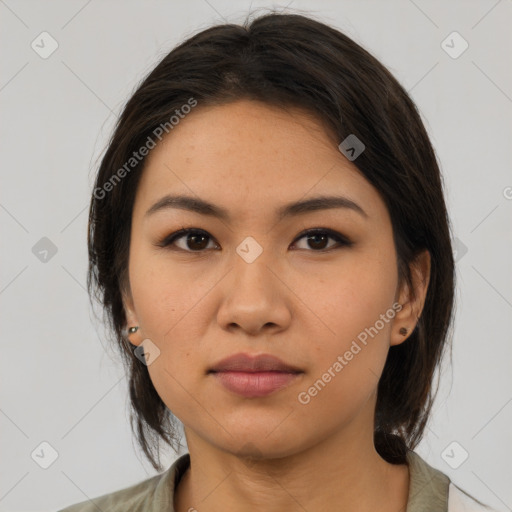 Neutral asian young-adult female with medium  brown hair and brown eyes