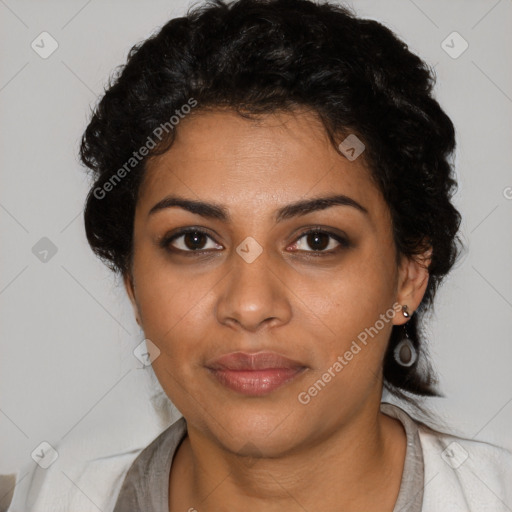 Joyful latino young-adult female with short  black hair and brown eyes