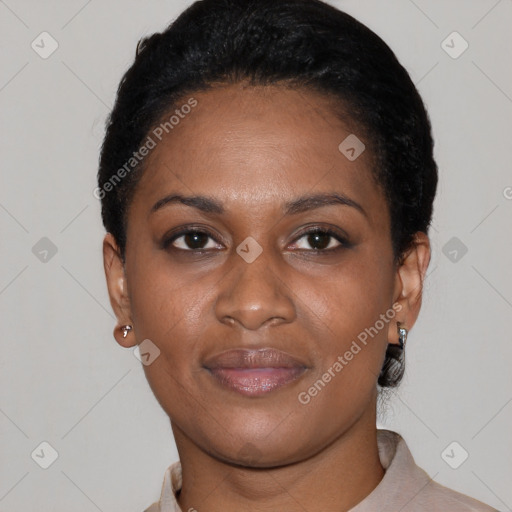 Joyful latino young-adult female with short  black hair and brown eyes