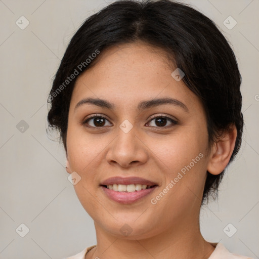 Joyful white young-adult female with medium  brown hair and brown eyes