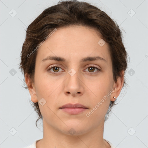 Neutral white young-adult female with short  brown hair and brown eyes