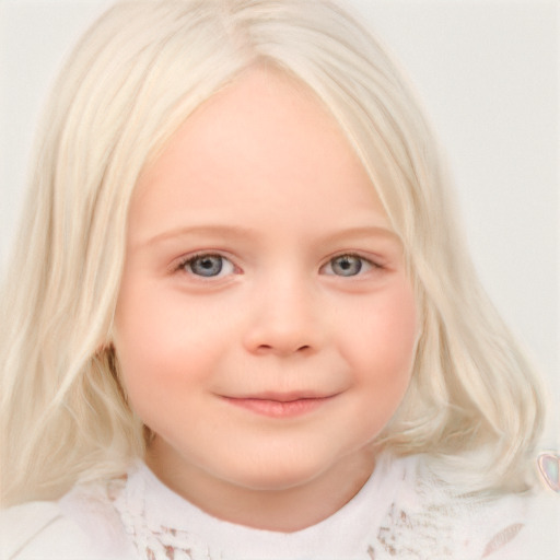 Joyful white child female with medium  blond hair and blue eyes