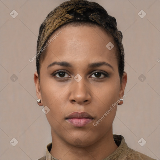 Neutral black young-adult female with short  brown hair and brown eyes