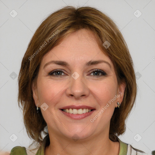 Joyful white young-adult female with medium  brown hair and green eyes