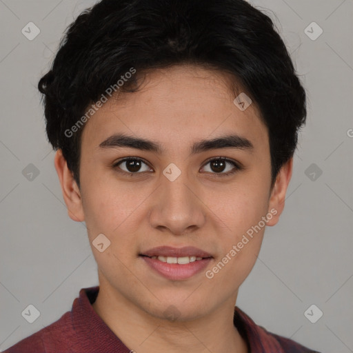 Joyful latino young-adult male with short  brown hair and brown eyes