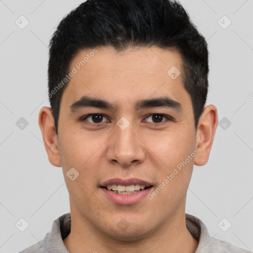 Joyful latino young-adult male with short  brown hair and brown eyes