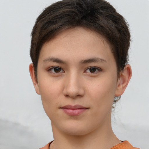 Neutral white young-adult female with short  brown hair and brown eyes