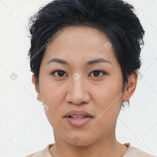 Joyful asian young-adult female with short  brown hair and brown eyes