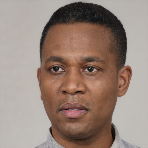 Neutral latino adult male with short  black hair and brown eyes
