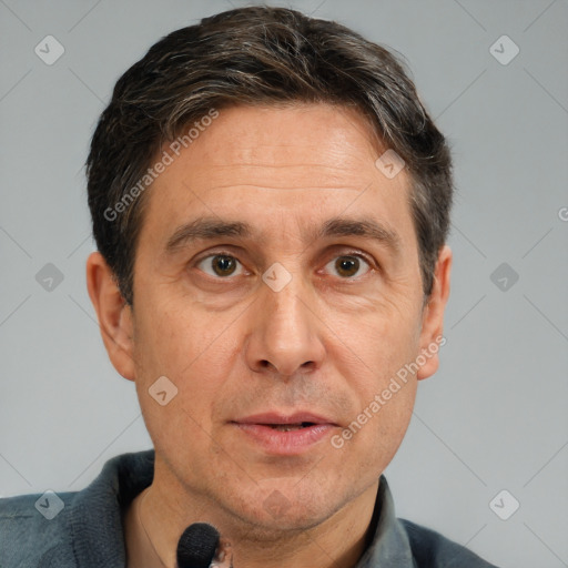 Neutral white adult male with short  brown hair and brown eyes