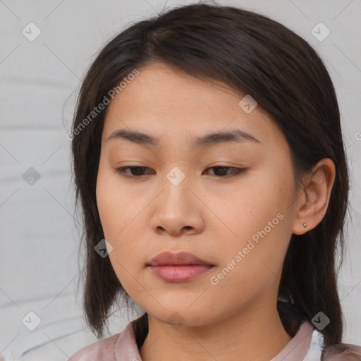 Neutral asian young-adult female with medium  brown hair and brown eyes