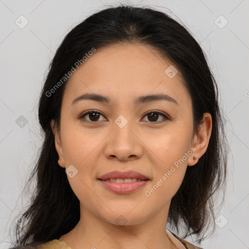 Joyful asian young-adult female with medium  brown hair and brown eyes