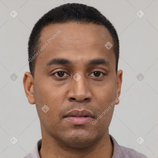 Neutral latino young-adult male with short  black hair and brown eyes