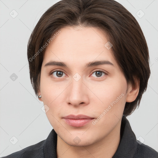 Neutral white young-adult female with medium  brown hair and brown eyes