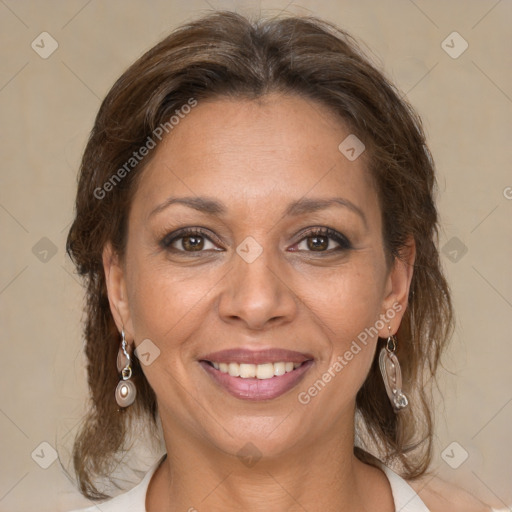 Joyful white adult female with medium  brown hair and brown eyes