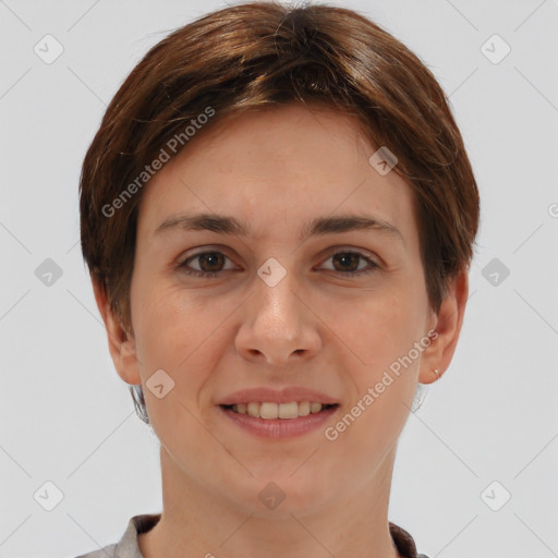 Joyful white young-adult female with short  brown hair and brown eyes