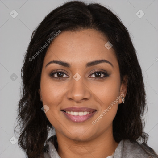 Joyful black young-adult female with medium  brown hair and brown eyes