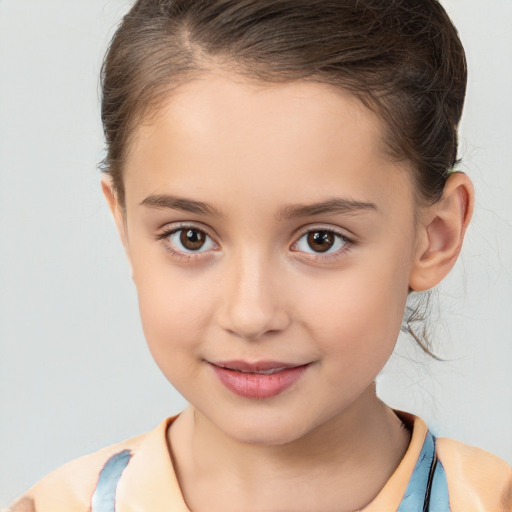 Joyful white child female with medium  brown hair and brown eyes