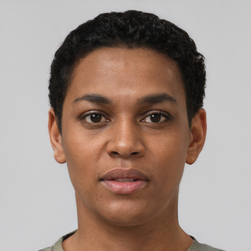 Neutral latino young-adult female with short  black hair and brown eyes