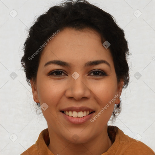 Joyful latino young-adult female with short  brown hair and brown eyes