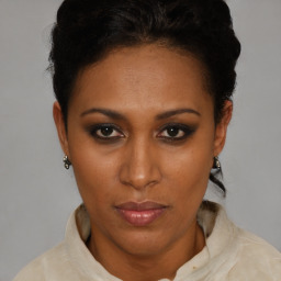 Neutral black young-adult female with short  brown hair and brown eyes