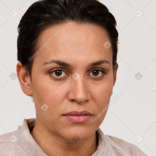 Neutral white young-adult female with short  brown hair and brown eyes