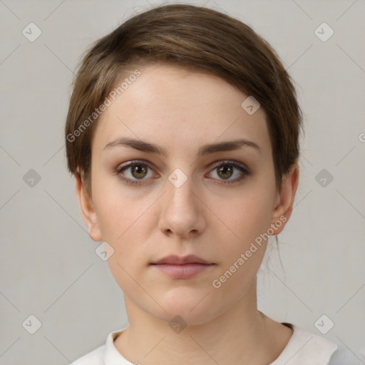 Neutral white young-adult female with short  brown hair and brown eyes