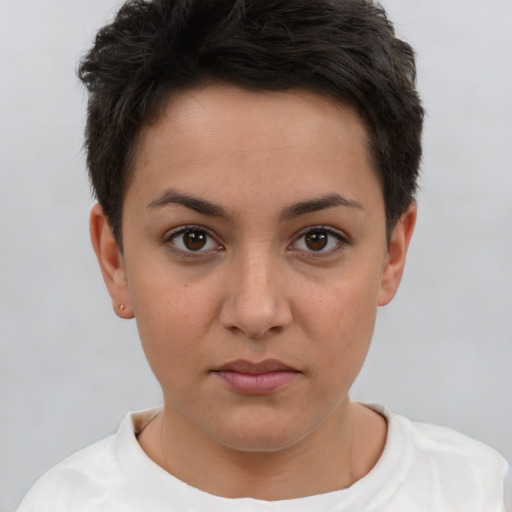 Neutral white young-adult female with short  brown hair and brown eyes