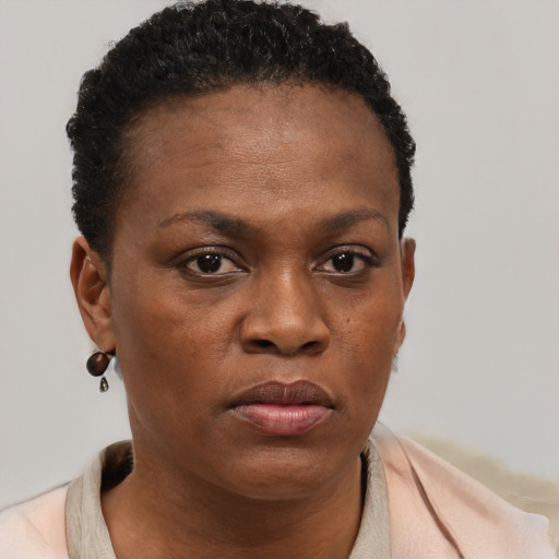 Neutral black young-adult female with short  brown hair and brown eyes
