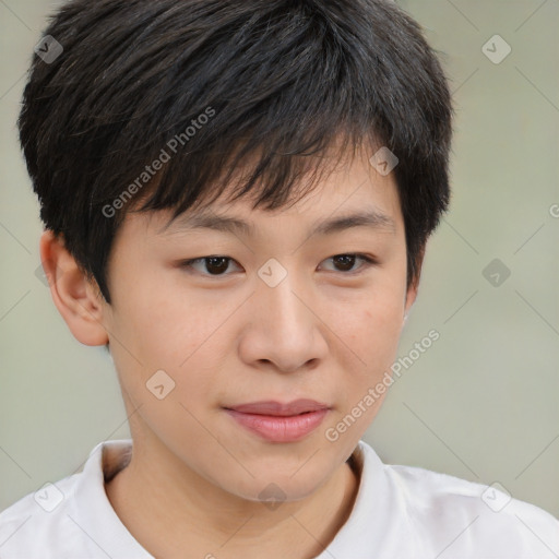 Joyful white child female with short  brown hair and brown eyes