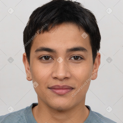 Joyful asian young-adult male with short  black hair and brown eyes