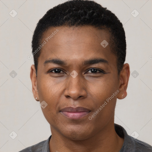 Joyful black young-adult male with short  black hair and brown eyes