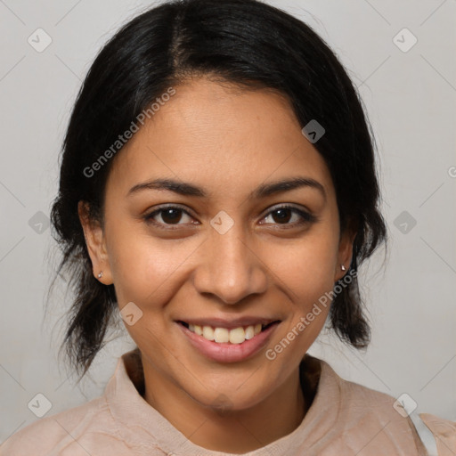 Joyful latino young-adult female with medium  brown hair and brown eyes