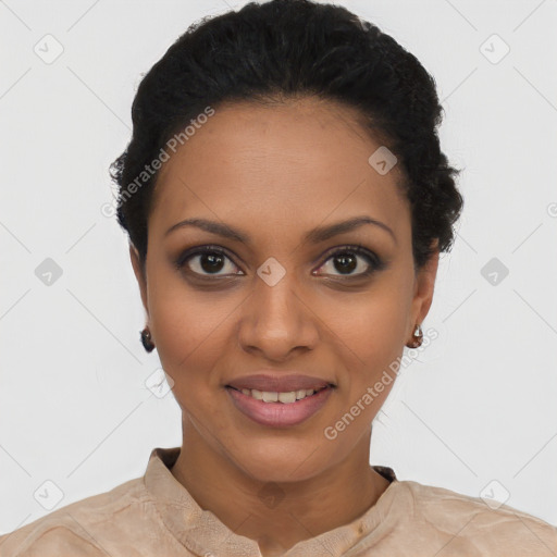 Joyful black young-adult female with short  brown hair and brown eyes