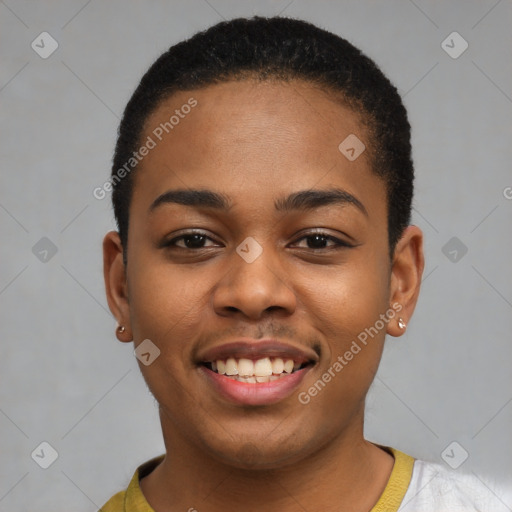 Joyful latino young-adult female with short  black hair and brown eyes