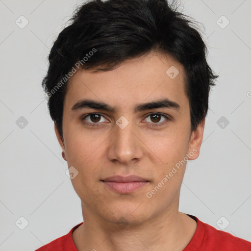 Neutral white young-adult male with short  black hair and brown eyes
