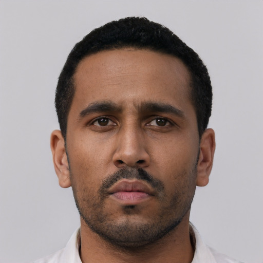 Neutral black young-adult male with short  black hair and brown eyes