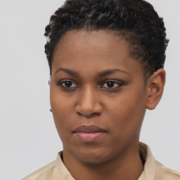 Neutral black young-adult female with short  black hair and brown eyes