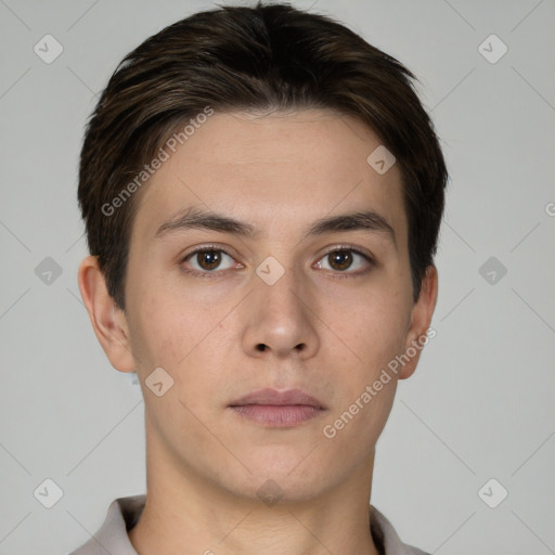 Neutral white young-adult male with short  brown hair and brown eyes