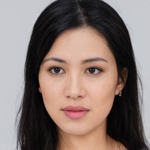 Neutral asian young-adult female with long  black hair and brown eyes