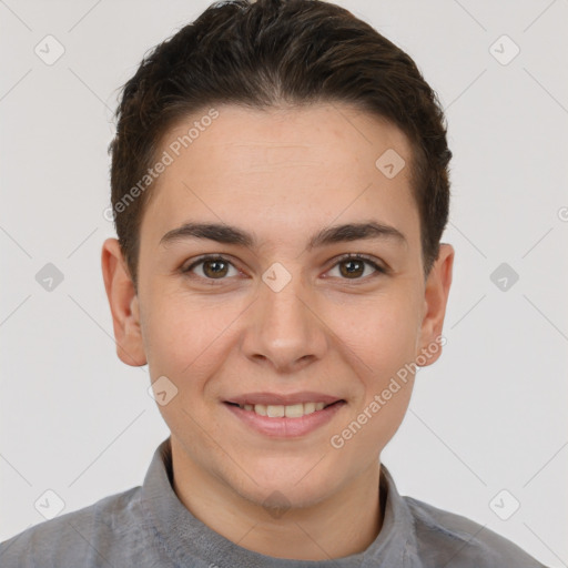 Joyful white young-adult female with short  brown hair and brown eyes